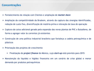 Concentrações


 Fortalecimento da relação com Clientes e ampliação de market share

 Ampliação da competitividade da Braskem, através da captura das sinergias identificadas,
   redução de custo fixo, diversificação de matéria-prima e elevação da taxa de operação

 Captura do caixa adicional gerado pela expansão das novas plantas de PVC e Butadieno, de
   forma a agregar valor às correntes já existentes

 Construção de uma política industrial brasileira que fortaleça a cadeia petroquímica e de
   plásticos

 Priorização dos projetos de crescimento

     Finalização do project finance do México, cujo start-up está previsto para 2015

 Manutenção da liquidez e higidez financeira em um cenário de crise global e menor
   demanda por produtos petroquímicos


                                                                                              10
 