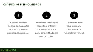 4
O elemento tem função
específica, sintomas
característicos e não
pode ser substituído por
nenhum outro;
CRITÉRIOS DE ESSENCIALIDADE
1 2 3
A planta deve ser
incapaz de completar
seu ciclo de vida na
ausência do elemento;
O elemento deve
estar implicado
diretamente no
metabolismo vegetal.
 