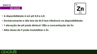 42
ZINCO
NO SOLO
• A disponibilidade é em pH 4,0 a 6,0;
• Encharcamento e alto teor de M.O tem influência na disponibilidade;
• 1 elevação de pH pode diminuir 100x a concentração de Zn;
• Altas doses de P pode insolubilizar o Zn.
 