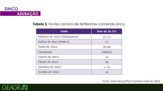 44
ZINCO
ADUBAÇÃO
Fonte: International Plant Nutrition Institute, 2024.
Tabela 5. Fontes comuns de fertilizantes contendo zinco.
 