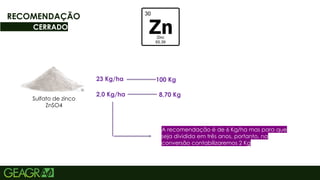 59
RECOMENDAÇÃO
CERRADO
23 Kg/ha 100 Kg
2,0 Kg/ha 8,70 Kg
Sulfato de zinco
ZnSO4
A recomendação é de 6 Kg/ha mas para que
seja dividida em três anos, portanto, na
conversão contabilizaremos 2 Kg
 
