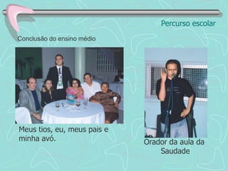 Percurso escolarNa época do colegial era muito difícil lidar com as chacotas dos colegas. Eles escondiam meu material escolar ou pediam emprestado e não devolviam, pediam meu lanche e eu não sabia “dizer não” por isso se aproveitavam de minha ingenuidade.E eu não “percebia” ou sentia vergonha em pedir ajuda aos professores. Eu queria “poder” resolver sozinho. Eu gostava de resolver sozinho, e ainda tenho essa mania, de querer mostrar coragem para esconder minha deficiências. 