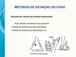 MÉTODOS DE EXTINÇÃO DO FOGO
Extinção por retirada do material (Isolamento)
Esse método consiste em duas técnicas:
• retirada do material que está queimando
• retirada do material que está próximo ao
 