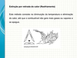 Extinção por retirada do calor (Resfriamento)
Este método consiste na diminuição da temperatura e eliminação
do calor, até que o combustível não gere mais gases ou vapores e
se apague.
 