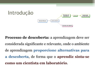 Introdução Processo de descoberta:  a aprendizagem deve ser considerada significante e relevante, onde o ambiente de aprendizagem  proporcione alternativas para a descoberta , de forma que o  aprendiz sinta-se como um cientista em laboratório . 