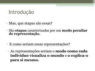 Introdução Mas, que etapas são essas? São  etapas  caracterizadas por um  modo peculiar de representação. E como seriam essas representações? As representações seriam o  modo como cada indivíduo visualiza o mundo  e  o explica-o para si mesmo. 