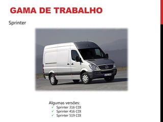 GAMA DE TRABALHO
Sprinter




           Algumas versões:
             Sprinter 316 CDI
             Sprinter 416 CDI
             Sprinter 519 CDI
 