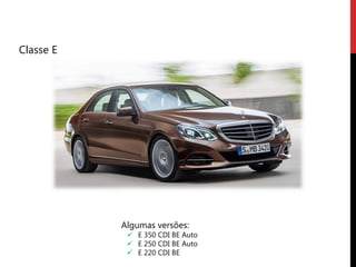 Classe E




           Algumas versões:
             E 350 CDI BE Auto
             E 250 CDI BE Auto
             E 220 CDI BE
 