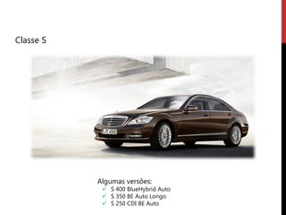Classe S




           Algumas versões:
             S 400 BlueHybrid Auto
             S 350 BE Auto Longo
             S 250 CDI BE Auto
 