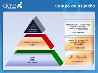 Campo de AtuaçãoGestão EstratégicaGestãoOrçamentáriaAnálise de RiscosPlanejamentode como alcançaros objetivos desejados. Geração de conhecimentoFoco no FuturoAnálise dos processos da empresa. Geração deinformações.Foco no PassadoBusiness InteligenceCRM’sApoio aos processos da empresa. Geração de dados.  Foco no PresenteERP’sBPM’sWorkflows