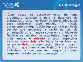 A Estratégia    Com vistas ao desenvolvimento de uma arquitetura consistente para a descrição da estratégia, precisamos dispor de meios adequados para posicionar esse modelo. A missão abrangente da organização representa o ponto de partida que esclarece a razão de ser da organização ou a maneira como uma Unidade de Negócio se encaixa na arquitetura corporativa mais ampla. A missãoe seus respectivosvalores essenciaissão bastante estáveis no tempo. A visãoda organização pinta um quadro de futuro que ilumina sua trajetória e ajuda os indivíduos a compreender porque e como respaldar os esforços da organização.