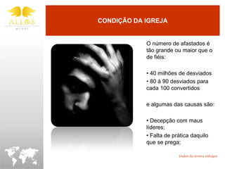 CONDIÇÃO DA IGREJA


            O número de afastados é
            tão grande ou maior que o
            de fiéis:

            • 40 milhões de desviados
            • 80 á 90 desviados para
            cada 100 convertidos

            e algumas das causas são:

            • Decepção com maus
            líderes;
            • Falta de prática daquilo
            que se prega;

                         Dados da revista enfoque
 