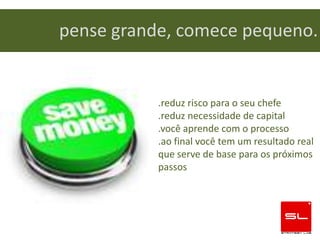 pense grande, comece pequeno.


           .reduz risco para o seu chefe
           .reduz necessidade de capital
           .você aprende com o processo
           .ao final você tem um resultado real
           que serve de base para os próximos
           passos
 