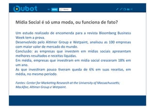 Mídia	
  Social	
  é	
  só	
  uma	
  moda,	
  ou	
  funciona	
  de	
  fato?	
  

Um	
   estudo	
   realizado	
   de	
   encomenda	
   para	
   a	
   revista	
   Bloomberg	
   Business	
  
Week	
  tem	
  a	
  prova.	
  
Desenvolvido	
   pelo	
   AlXmer	
   Group	
   e	
   Wetpaint,	
   analisou	
   as	
   100	
   empresas	
  
com	
  maior	
  valor	
  de	
  mercado	
  do	
  mundo.	
  
Conclusão:	
   as	
   empresas	
   que	
   investem	
   em	
   mídias	
   sociais	
   apresentam	
  
melhores	
  resultados	
  e	
  receitas	
  líquidas.	
  
Em	
   média,	
   empresas	
   que	
   invesXram	
   em	
   mídia	
   social	
   cresceram	
   18%	
   em	
  
um	
  ano.	
  
As	
   que	
   invesXram	
   pouco	
   Xveram	
   queda	
   de	
   6%	
   em	
   suas	
   receitas,	
   em	
  
média,	
  no	
  mesmo	
  período.	
  

Fontes:	
  Center	
  for	
  Marke/ng	
  Research	
  at	
  the	
  University	
  of	
  Massachusse9s;	
  
MacAfee;	
  Al/mer	
  Group	
  e	
  Wetpaint.	
  
 