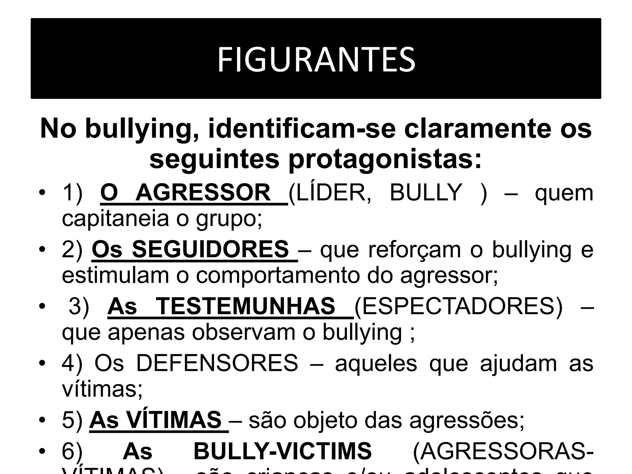 FIGURANTES
No bullying, identificam-se claramente os
seguintes protagonistas:
• 1) O AGRESSOR (LÍDER, BULLY ) – quem
capitaneia o grupo;
• 2) Os SEGUIDORES – que reforçam o bullying e
estimulam o comportamento do agressor;
• 3) As TESTEMUNHAS (ESPECTADORES) –
que apenas observam o bullying ;
• 4) Os DEFENSORES – aqueles que ajudam as
vítimas;
• 5) As VÍTIMAS – são objeto das agressões;
• 6) As BULLY-VICTIMS (AGRESSORAS-
 