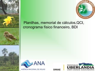Planilhas, memorial de cálculos,QCI,
cronograma físico financeiro, BDI
 