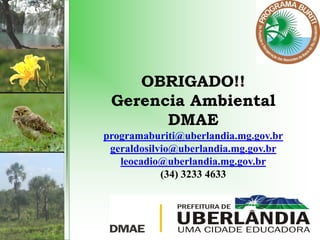 OBRIGADO!!
Gerencia Ambiental
DMAE
programaburiti@uberlandia.mg.gov.br
geraldosilvio@uberlandia.mg.gov.br
leocadio@uberlandia.mg.gov.br
(34) 3233 4633
 
