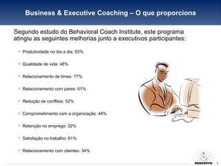 Segundo estudo do Behavioral Coach Institute, este programa atingiu as seguintes melhorias junto a executivos participantes: Produtividade no dia a dia: 53% Qualidade de vida: 48%  Relacionamento de times: 77% Relacionamento com pares: 61% Redução de conflitos: 52% Comprometimento com a organização: 44% Retenção no emprego: 32% Satisfação no trabalho: 61% Relacionamento com clientes: 34% Business & Executive Coaching – O que proporciona 