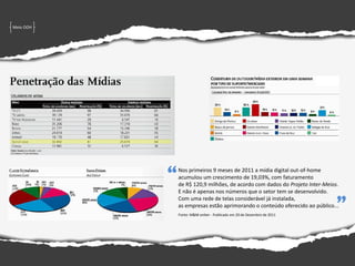 Meio OOH




           “   Nos primeiros 9 meses de 2011 a mídia digital out-of-home
               acumulou um crescimento de 19,03%, com faturamento
               de R$ 120,9 milhões, de acordo com dados do Projeto Inter-Meios.
               E não é apenas nos números que o setor tem se desenvolvido.    “
               Com uma rede de telas considerável já instalada,
               as empresas estão aprimorando o conteúdo oferecido ao público...
               Fonte: M&M onlien - Publicado em 20 de Dezembro de 2011
 