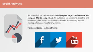 Social Analytics
Social Analytics is the best way to analyse your page’s performance and
compare it to it’s competitors. It’s a vital tool for optimising, directing and
maximising your entire online communications and creating a social
media perfomance map for any market.
Monitored Social Media platforms:
 