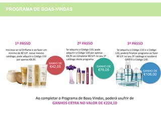 GANHO DE
€42,05
GANHO DE
€106,00
Inscreva-se na Oriflame e ao fazer um
mínimo de 80 V.P. nesse mesmo
catálogo, pode adquirir o Código 110
por apenas €8,95.
Se adquiriu o Código 110, pode
adquirir o Código 120 por apenas
€8,95 ao completar 80 V.P. no seu 2ª
catálogo deste programa.
GANHO DE
€76,05
Se adquiriu o Código 110 e o Código
120, poderá finalizar programa ao fazer
80 V.P. no seu 3º catálogo e receberá
GRÁTIS o Código 130.
Ao completar o Programa de Boas-Vindas, poderá usufrir de
GANHOS EXTRA NO VALOR DE €224,10
1º PASSO 2º PASSO 3º PASSO
PROGRAMA DE BOAS-VINDAS
 