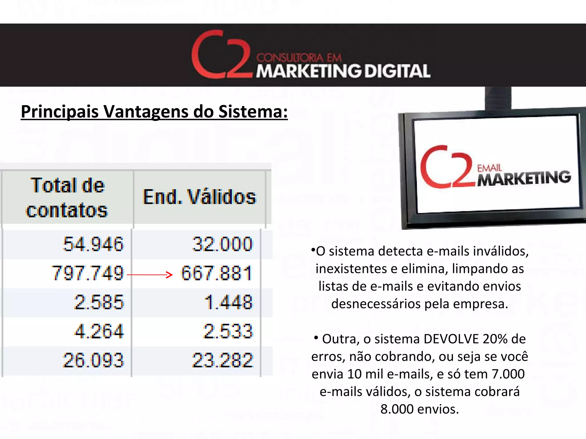 Principais Vantagens do Sistema: O sistema detecta e-mails inválidos, inexistentes e elimina, limpando as listas de e-mails e evitando envios desnecessários pela empresa. Outra, o sistema DEVOLVE 20% de erros, não cobrando, ou seja se você envia 10 mil e-mails, e só tem 7.000  e-mails válidos, o sistema cobrará 8.000 envios. 