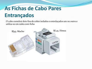 As Fichas de Cabo Pares
Entrançados
O cabo constitui dois fios de cobre isolados e entrelaçados um no outro e
utiliza-se em redes com ficha
RJ45. Macho

RJ 45. Fêmea

 