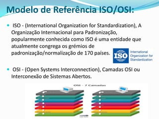 Modelo de Referência ISO/OSI:
 ISO - (International Organization for Standardization), A

Organização Internacional para Padronização,
popularmente conhecida como ISO é uma entidade que
atualmente congrega os grémios de
padronização/normalização de 170 países.
 OSI - (Open Systems Interconnection), Camadas OSI ou

Interconexão de Sistemas Abertos.

 