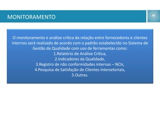 MONITORAMENTO


  O monitoramento e análise crítica da relação entre fornecedores e clientes
 internos será realizado de acordo com o padrão estabelecido no Sistema de
             Gestão da Qualidade com uso de ferramentas como:
                         1.Relatório de Análise Crítica,
                          2.Indicadores da Qualidade,
              3.Registro de não conformidades internas – NCIs,
              4.Pesquisa de Satisfação de Clientes Intersetoriais,
                                   5.Outras.
 