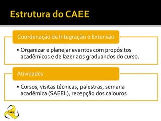 • Organizar e planejar eventos com propósitos
acadêmicos e de lazer aos graduandos do curso.
Coordenação de Integração e Extensão
• Cursos, visitas técnicas, palestras, semana
acadêmica (SAEEL), recepção dos calouros
Atividades
 