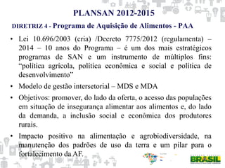 DIRETRIZ 4 - Programa de Aquisição de Alimentos - PAA
PLANSAN 2012-2015
• Lei 10.696/2003 (cria) /Decreto 7775/2012 (regulamenta) –
2014 – 10 anos do Programa – é um dos mais estratégicos
programas de SAN e um instrumento de múltiplos fins:
“política agrícola, política econômica e social e política de
desenvolvimento”
• Modelo de gestão intersetorial – MDS e MDA
• Objetivos: promover, do lado da oferta, o acesso das populações
em situação de insegurança alimentar aos alimentos e, do lado
da demanda, a inclusão social e econômica dos produtores
rurais.
• Impacto positivo na alimentação e agrobiodiversidade, na
manutenção dos padrões de uso da terra e um pilar para o
fortalecimento da AF.
 