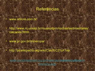 Referências

• www.arvore.com.br

• http://www.rc.unesp.br/museudpm/rochas/sedimentares/
  calcarios.html

• www.pr.gov.br/mineropar

• http://pt.wikipedia.org/wiki/Calc%C3%A1rio


  www.conchasbrasil.org.br/materias/malacocultura/m
                     marinha.asp
 