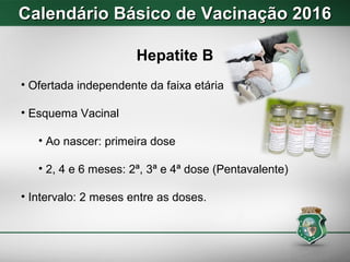Calendário Básico de Vacinação 2016Calendário Básico de Vacinação 2016
Hepatite B
• Ofertada independente da faixa etária
• Esquema Vacinal
• Ao nascer: primeira dose
• 2, 4 e 6 meses: 2ª, 3ª e 4ª dose (Pentavalente)
• Intervalo: 2 meses entre as doses.
 