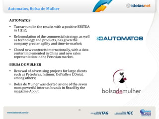 Automatos, Bolsa de Mulher

AUTOMATOS
• Turnaround in the results with a positive EBITDA
  in 1Q12;
• Reformulation of the commercial strategy, as well
  as technology and products, has given the
  company greater agility and time-to-market;
• Closed new contracts internationally, with a data
  center implemented in China and new sales
  representation in the Peruvian market.

BOLSA DE MULHER
• Renewal of advertising projects for large clients
  such as Petrobras, Intimus, DelValle e L’Oréal,
  among others;
• Bolsa de Mulher was elected as one of the seven
  most powerful internet brands in Brazil by the
  magazine About.




                                             ‹6›
 