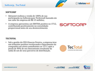 Softcorp, TecTotal

SOFTCORP
• Ideiasnet realizou a venda de 100% de sua
  participação na Softcorp para Techresult baseada em
  um valor de empresa de R$ 15 milhões;
• A empresa apresentou um EBITDA positivo no 1T12,
  contribuindo positivamente no consolidado
  proporcional antes de seu desinvestimento



TECTOTAL
• Sob a gestão do CEO Glaucon Pereira, a empresa teve
  um trimestre positivo recolocando o faturamento da
  companhia em níveis semelhantes ao 1T11 após a
  perda de 40% de seu faturamento resultante da
  saída de um de seus parceiros de distribuição.




                                          ‹10›
 