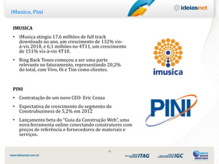 iMusica, Pini

IMUSICA
• iMusica atingiu 17,6 milhões de full track
  downloads no ano, um crescimento de 132% vis-
  à-vis 2010, e 6,1 milhões no 4T11, um crescimento
  de 151% vis-à-vis 4T10.
• Ring Back Tones começou a ser uma parte
  relevante no faturamento, representando 20,2%
  do total, com Vivo, Oi e Tim como clientes.


PINI
• Contratação de um novo CEO: Eric Cozza
• Expectativa de crescimento do segmento do
  Construbusiness de 5,2% em 2012
• Lançamento beta do “Guia da Construção Web”, uma
  nova ferramenta online conectando construtores com
  preços de referência e fornecedores de materiais e
  serviços.


                                           ‹9›
 