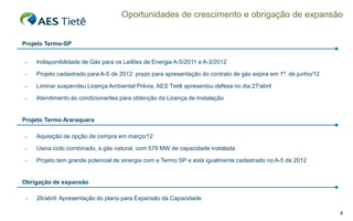 Oportunidades de crescimento e obrigação de expansão


Projeto Termo-SP


 -   Indisponibilidade de Gás para os Leilões de Energia A-5/2011 e A-3/2012

 -   Projeto cadastrado para A-5 de 2012: prazo para apresentação do contrato de gás expira em 1º. de junho/12

 -   Liminar suspendeu Licença Ambiental Prévia. AES Tietê apresentou defesa no dia 27/abril

 -   Atendimento às condicionantes para obtenção da Licença de Instalação


Projeto Termo Araraquara

 -   Aquisição de opção de compra em março/12

 -   Usina ciclo combinado, a gás natural, com 579 MW de capacidade instalada

 -   Projeto tem grande potencial de sinergia com a Termo SP e está igualmente cadastrado no A-5 de 2012


Obrigação de expansão

 -   26/abril: Apresentação do plano para Expansão da Capacidade

                                                                                                                 6
 