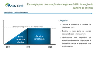 Estratégia para contratação de energia em 2016: formação de
                                                                        carteira de clientes
Evolução da carteira de clientes




                                                           • Objetivos:

                                                             -   Ampliar e diversificar a carteira de
           Energia Assegurada (1.282 MW médios)                  clientes até 2015

                                                             - Destinar a maior parte da energia
                                                                 assegurada para o mercado livre
                 Nova                 Carteira
                                                             - Oportunidade      para   negociação   da
               carteira de          consolidada
                                                                 energia proveniente de projetos que a
                clientes
                                                                 Companhia venha a desenvolver nos

  2012                       2016                 2020           próximos anos
 