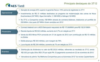 Principais destaques do 3T12
 Geração de energia 22% superior à garantia física e 10% acima da registrada no 3T11

Operacional

 Investimentos de R$ 31 milhões destinados ao programa de modernização das usinas de Nova

Avanhandava (347 MW), Água Vermelha (1.396 MW) e Ibitinga (132 MW)
 No 3T12, a Companhia vendeu 168 MWm através de contratos bilaterais, totalizando um portfólio de

259 MWm, dos quais 227 MWm foram vendidos em 2012
 Contrato bilateral com a AES Eletropaulo reajustado de R$ 173,68/MWh para R$ 182,61/MWh

Financeiro

 Receita líquida de R$ 543 milhões, aumento de 4,7% em relação ao 3T11
 Venda da AES Minas PCH concluída em 31 de agosto de 2012 com contribuição de R$ 10 milhões

no Ebitda
 Ebitda alcançou R$ 423 milhões, com margem de 78%
 Lucro líquido de R$ 244 milhões, aumento de 7% em relação ao 3T11
 Distribuição de dividendos no valor de R$ 253,8 milhões, referentes ao resultado do 3T12, sendo

Eventos

R$ 0,63 por ação ON e R$ 0,70 por ação PN. O pagamento ocorrerá em 22 de novembro de 2012
 Vencedora do prêmio “As Melhores Companhias para os Acionistas 2012” da revista Capital Aberto
2

 