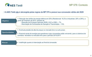 MP 579: Contexto
 A AES Tietê não é abrangida pelas regras da MP 579 e possui sua concessão válida até 2029

Objetivo

 Redução das tarifas de energia elétrica em 20% (Residencial: 16,2% e Industriais: 20% a 28%), a
partir de Fevereiro de 2013, através de:
- Redução de Encargos Setoriais (RGR, CCC e CDE): - 7%
- Renovação de Concessões de Geração e Transmissão: - 13%

 Eventual pressão de alta de preços no mercado livre no curto prazo

Oportunidades

Riscos

 Possível venda de energia para geradoras cujas concessões estão vencendo, para a cobertura de
contratos fechados no mercado livre para o período 2015-2017

 Indefinição quanto à indenização ao final da concessão

3

 