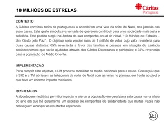 CONTEXTO
A Cáritas convidou todos os portugueses a acenderem uma vela na noite de Natal, nas janelas das
suas casas. Este gesto simbolizava vontade de quererem contribuir para uma sociedade mais justa e
solidária. Este pedido surgiu no âmbito da sua campanha anual de Natal, “10 Milhões de Estrelas –
Um Gesto pela Paz”. O objetivo seria vender mais de 1 milhão de velas cujo valor reverteria para
duas causas distintas: 65% reverterão a favor das famílias e pessoas em situação de carência
socioeconómica que serão ajudadas através das Cáritas Diocesanas e paróquias; e 35% reverterão
para a população do Médio Oriente.
IMPLEMENTAÇÃO
Para cumprir este objetivo, a Lift procurou mobilizar os media nacionais para a causa. Conseguiu que
a SIC e a TVI abrissem os telejornais da noite de Natal com as velas no plateau, em frente ao pivot o
que teve um enorme impacto mediático.
RESULTADOS
A abordagem mediática permitiu impactar e alertar a população em geral para esta causa numa altura
do ano em que há geralmente um excesso de campanhas de solidariedade que muitas vezes não
conseguem alcançar os resultados esperados.
10 MILHÕES DE ESTRELAS
 