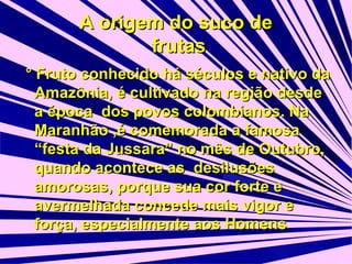 A origem do suco de
frutas
° Fruto conhecido há séculos e nativo da
Amazônia, é cultivado na região desde
a época dos povos colombianos. Na
Maranhão ,é comemorada a famosa
“festa da Jussara” no mês de Outubro,
quando acontece as desilusões
amorosas, porque sua cor forte e
avermelhada concede mais vigor e
força, especialmente aos Homens

 