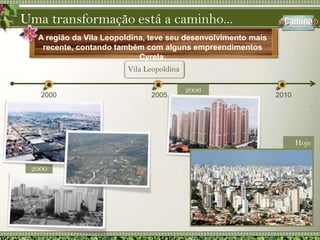 2006Uma transformação está a caminho...A região da Vila Leopoldina, teve seu desenvolvimento mais recente, contando também com alguns empreendimentos Cyrela.Vila Leopoldina201020052000Hoje2000
