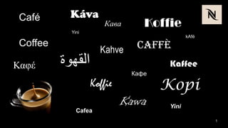 Café       Káva
                      Кава       Koffie
            Yini
                                             kAfé
 Coffee
                      Kahve    Caffè
Καφέ      ‫القهوة‬                      Kaffee
                              Кафе
                   Koffie            Kopi
                            Kawa      Yini
              Cafea
                                                    1
 