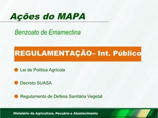 Ações do MAPA 
Benzoato de Emamectina 
REGULAMENTAÇÃO– Int. Público 
Lei de Política Agrícola 
Decreto SUASA 
Regulamento de Defesa Sanitária Vegetal 
 