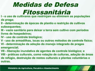 Medidas de Defesa 
Fitossanitária 
I - o uso de cultivares que restrinjam ou eliminem as populações 
da praga; 
II - determinação de épocas de plantio e restrição de cultivos 
subsequentes; 
III - vazio sanitário para deixar a terra sem cultivo com períodos 
livres de hospedeiros; 
IV - uso de controle biológico; 
V - uso de armadilhas, iscas ou outros métodos de controle físico; 
VI - determinação da adoção do manejo integrado de pragas 
emergencial; 
VII - liberação inundativa de agentes de controle biológico; e 
VIII - práticas culturais, como rotação de culturas, adoção de áreas 
de refúgio, destruição de restos culturais e plantas voluntárias e 
outras. 
 