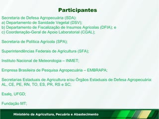 Participantes 
Secretaria de Defesa Agropecuária (SDA): 
a) Departamento de Sanidade Vegetal (DSV); 
b) Departamento de Fiscalização de Insumos Agrícolas (DFIA); e 
c) Coordenação-Geral de Apoio Laboratorial (CGAL); 
Secretaria de Política Agrícola (SPA); 
Superintendências Federais de Agricultura (SFA); 
Instituto Nacional de Meteorologia – INMET; 
Empresa Brasileira de Pesquisa Agropecuária – EMBRAPA; 
Secretarias Estaduais de Agricultura e/ou Órgãos Estaduais de Defesa Agropecuária: 
AL, CE, PE, RN, TO, ES, PR, RS e SC; 
Esalq, UFGD; 
Fundação MT; 
 