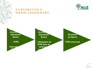 2002 International Accounting Standards Board Obrigação do IFRS para as empresas européias a partir de 2005 2005 IFRS1 92 países europeus 7.000 empresas 2000 International Accounting Standards Board IFRS International Financial Reporting Standard SURGIMENTO E OBRIGATORIEDADE 