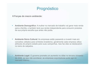 Prognóstico
6 Forças do macro ambiente:
  Ambiente Demográfico: A mulher no mercado de trabalho vai gerar mais renda
para a família, e também terá sua renda independente para consumir produtos
de sua própria escolha que antes não podia.
  Ambiente Sócio Cultural: As empresas estão passando a investir mais em
conceitos voltados para símbolos brasileiros, geralmente cada empresa utiliza
atributos do próprio estado para suas campanhas. Isso faz elas se destacarem
no ramo de calçados.
  Ambiente Legal: O governo promete um aumento no dólar no terceiro trimestre
de 2006, se isso não acontecer, as empresas exportadoras pode agir no
mercado interno.
 