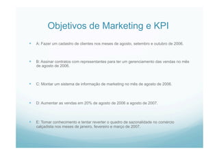 Objetivos de Marketing e KPI
  A: Fazer um cadastro de clientes nos meses de agosto, setembro e outubro de 2006.
  B: Assinar contratos com representantes para ter um gerenciamento das vendas no mês
de agosto de 2006.
  C: Montar um sistema de informação de marketing no mês de agosto de 2006.
  D: Aumentar as vendas em 20% de agosto de 2006 a agosto de 2007.
  E: Tomar conhecimento e tentar reverter o quadro de sazonalidade no comércio
calçadista nos meses de janeiro, fevereiro e março de 2007.
 